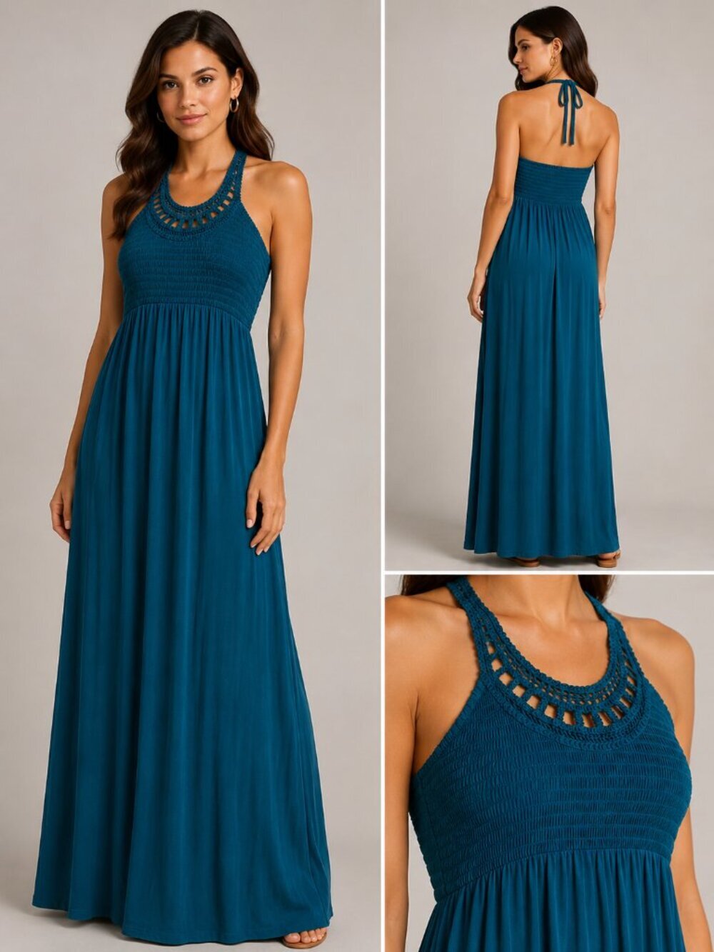 a.n.a Teal Crochet Halter Maxi Dress Smocked Sleeveless Boho XL Stretch